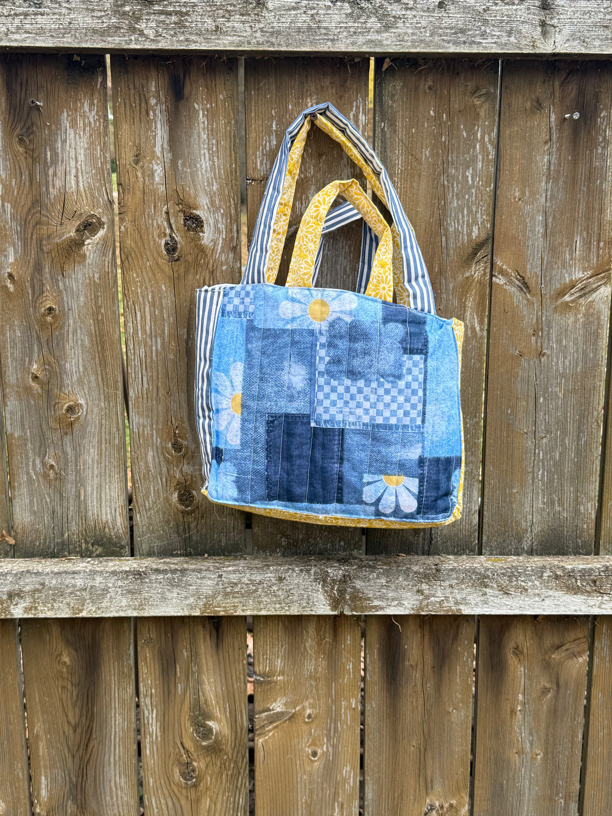 Denim pattern and yellow handbag