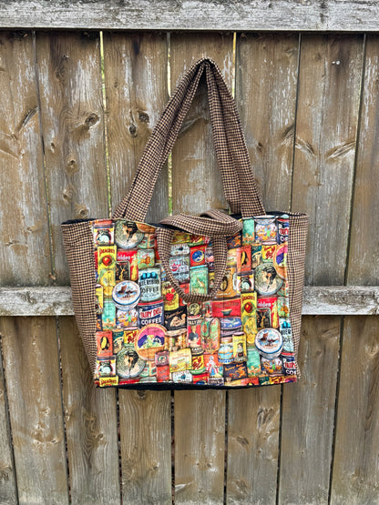 Large coffee tea plaid pattern bag