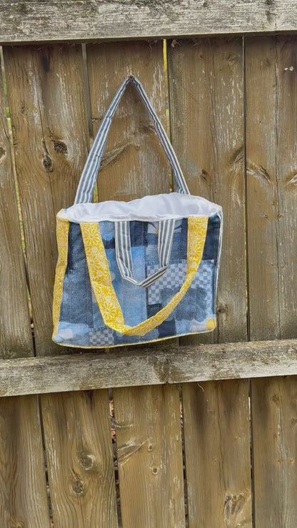 Denim pattern and yellow handbag